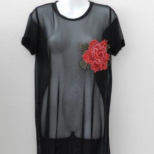 Q USA black sheer mesh short cuffed sleeve dress with large red rose applique